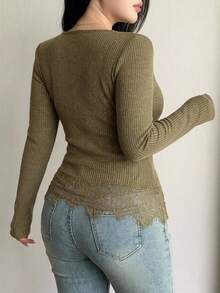 Dazy Plus Autumn Asymmetrical Shoulder Long Sleeve Fitted Lace Patchwork Knit Green Sexy Elegant Commute Party T-Shirt - Army Green - View 3