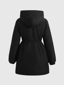 SHEIN 少女休閒愛心印花保暖內裡連帽派克夾克外套，秋冬返校季適用 - 黑色 - 查看 5
