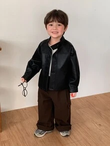DAZY Infant (Boy) Solid Color Long Sleeve PU Korean Style Jacket - Black - View 6