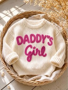 SHEIN Baby Girl Contrast Color Embroidered Letter Pattern Drop Shoulder Thick Textured Pullover Sweater Suitable For Winter - Beige - View 1