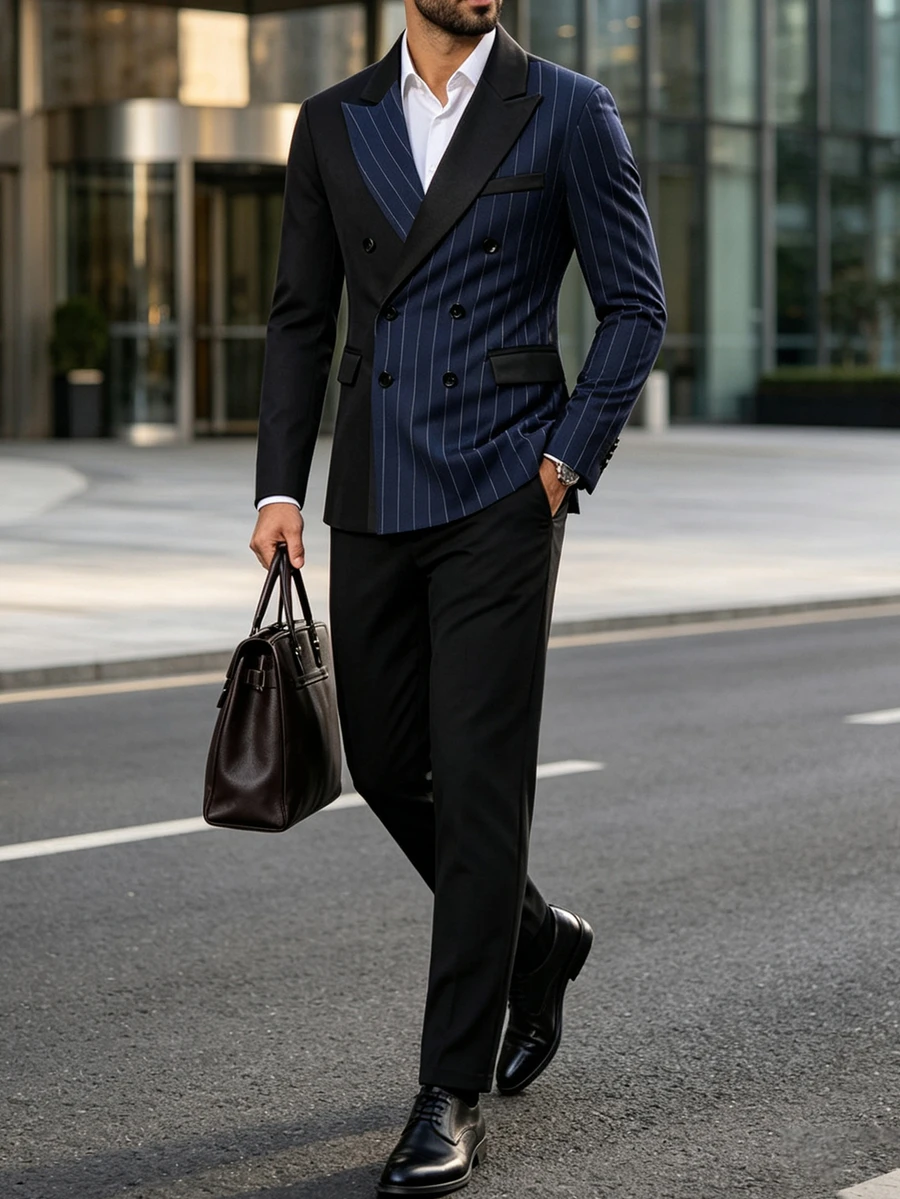 Manfinity Mode Men's Striped Colorblock Business Double-Breasted Design Classic Business Suit 2 Pieces Set - Black - View 1