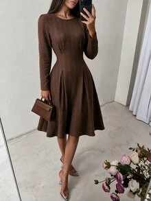 Modelyn Women Round Neck Long Sleeve Textured Midi Dress, Pleated Flared A-Line Swing Dress, Autumn Winter Elegant Slim Fit Wedding Guest & Formal Party Dress - Brown - View 3