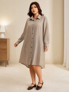 Edennvi 大尺碼女款優雅休閒條紋單排扣長袖襯衫洋裝，拼色不對稱極簡設計，適合日常穿著、通勤、約會、聚會與居家穿搭 - 卡其色 - 查看 3