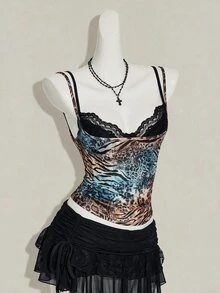 SHEIN ICON 女款豹紋透視細肩帶上衣搭配黑色蕾絲內衣 2件組 - 彩色 - 查看 8