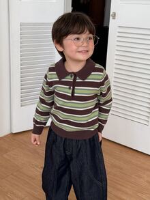 DAZY Infant (Boy) Turn-Down Collar Striped Korean Style Long Sleeve Autumn/Winter Sweater - Dark Green - View 7
