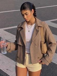 SHEIN 青少年女孩秋冬款寬鬆休閒極簡舒適短夾克，優雅時尚，適合日常通勤穿著 - 卡其色 - 查看 4