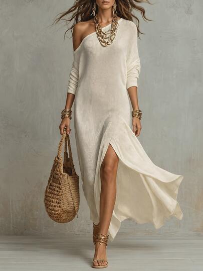 Ceyna Women's Plus Size Beige Sexy Minimalist Knit Asymmetrical Shoulder Long Sleeve Slim Fit High Slit Long Sweater Dress, Fashionable, Party, Outing, Vacation