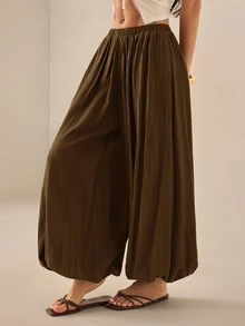 SHEIN PETITE 2026女款春夏度假系列：優雅橄欖綠寬鬆喇叭褲，適合嬌小女性 - 咖啡棕 - 查看 5