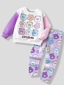SHEIN X Care Bears 女童休閒圓領長袖運動衫與內搭褲2件套，適合秋冬穿著 - 彩色 - 查看 3