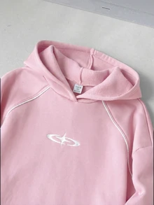 SHEIN 青少年女孩拼色連帽休閒 Y2K 日常長袖冬季衛衣 生日告別 粉色秋季 - 粉色 - 查看 6