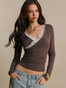Poéselle Women's French Lace Patchwork Pleated Button Top - Coffee Brown - View 8