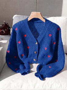Comfortcana 女款休閒愛心刺繡開襟衫，秋冬款 - 寶藍色 - 查看 1