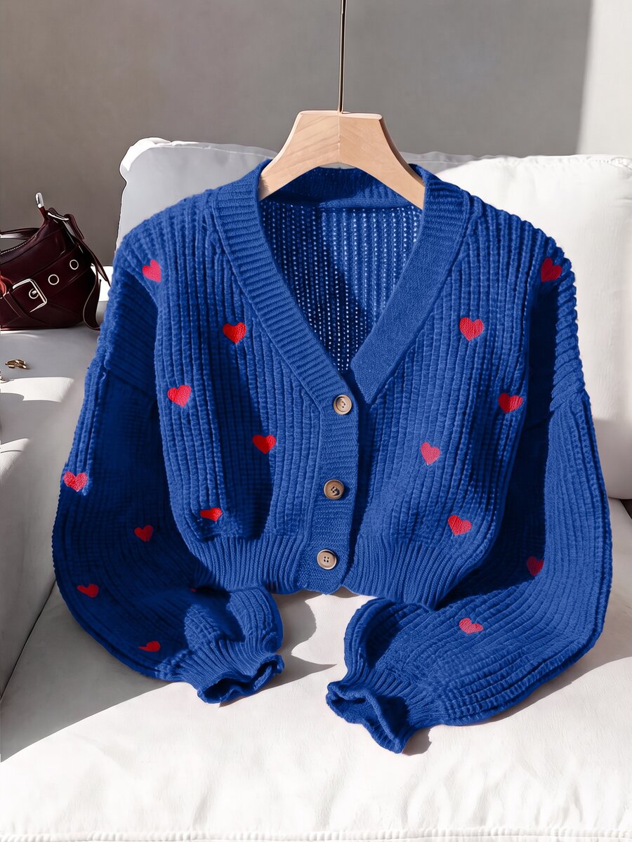 Comfortcana 女款休閒愛心刺繡開襟衫,秋冬款 - 寶藍色 - 查看 1