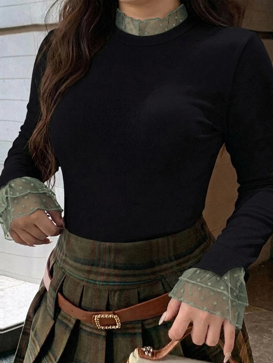 REIGN AVE Contrast Lace Elegant Fitted Black Long Sleeve T-Shirt Fall Brunch Party - Black - View 1
