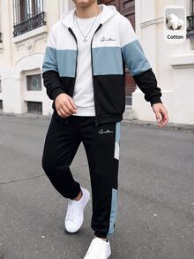 SHEIN 2件組兒童青少年男孩休閒日常百搭舒適寬鬆連帽前開襟秋季衛衣 + 對比色休閒運動長褲，抓絨 - 藍色 - 查看 4