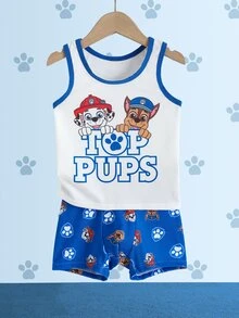 SHEIN | PAW Patrol Young Boy Letter Cartoon Print Colorblock Top And Shorts Set - Blue and White - View 3