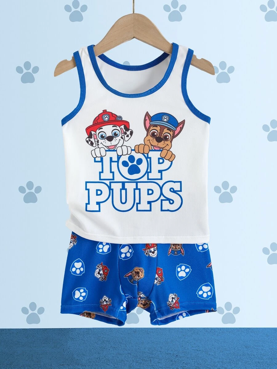 SHEIN | PAW Patrol 小男孩字母卡通印花拼接上衣與短褲套裝 - 藍白色 - 查看 1