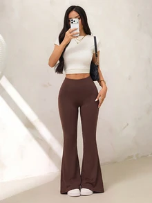 SHEIN PETITE 女款純色高腰休閒百搭日常喇叭褲 - 棕色 - 查看 4