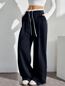 SHEIN Tall 女款素色休閒百搭日常穿著長褲 - 藏蓝色 - 查看 6