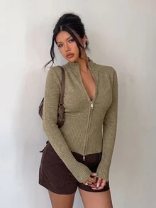 Aloruh Women's Casual Ribbed High Neck Zip-Up Long Sleeve Sweater Cardigan, Yellow, Suitable For Everyday Wear And Sports, Autumn/Winter - Khaki - View 5