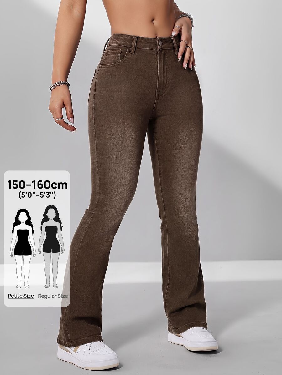 SHEIN PETITE 女款街頭風鈕扣口袋牛仔長褲 - 棕色 - 查看 1