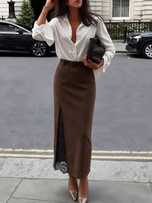 SHEIN PariChic Vintage Suede High Waist Front Slit Lace Patchwork Bodycon Mid-Length Straight Skirt For Women - Brown - View 3