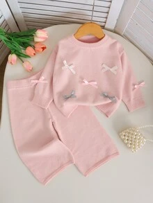 SHEIN 新生女嬰粉色針織套裝，毛衣開襟衫與套頭上衣，蝴蝶結裝飾，寬腿鬆身長褲套裝，適合秋冬，可愛舒適時尚 - 粉色 - 查看 1