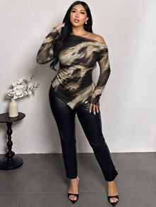 Firerie Plus Size Tie-Dye Asymmetrical Hem Asymmetrical Shoulder T-Shirt, Autumn/Winter - Multicolor - View 3