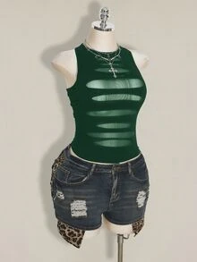 SHEIN ICON 大尺碼 Y2K 哥德風透明破洞性感細肩帶上衣 女款黑色透視網紗上衣 約會之夜 雞尾酒會 夏季 - 墨綠色 - 查看 7