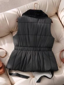 GlowEve CURVE Women's Plus Size Fur Collar Patchwork Zipper Front Fall Vest Homewear Office Black Casual Baggy Winter - Black - View 2