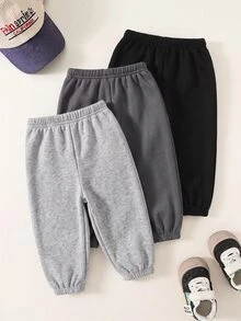 SHEIN 3件組小男孩休閒百搭彈性腰運動長褲 兒童慢跑褲 多件裝 冬季 - 彩色 - 查看 2