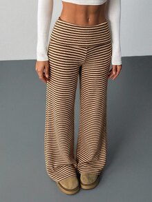 SHEIN Tall 女款休閒卡其色條紋長褲，適合上班與休閒穿著 - 棕色 - 查看 9