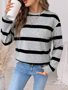 SHEIN LUNE 女款條紋休閒日常長袖運動衫 - 白色 - 查看 3