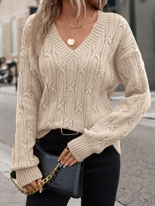 SHEIN VCAY Plus Size Women's Retro High Neck Turn Collar Pullover Sweater For Commuting - Apricot - View 3