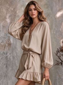 Ceyna Casual Boho Vintage Vacation Style Textured Linen-Feel V-Neck Loose Lantern Sleeve Dress, Relaxed Beach Brunch Travel Outfit - Khaki - View 4