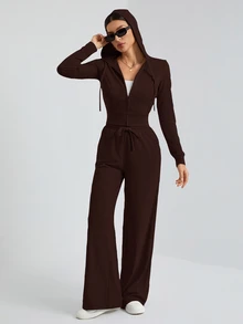 SHEIN Tall 休閒街頭風灰色連帽前中拉鍊修身上衣 + 寬腿長褲兩件套，適合高個女性 - 咖啡棕 - 查看 5