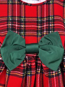SHEIN Gaun Bayi Perempuan Motif Kotak-kotak Dua Warna dengan Hiasan Pita di Pinggang dan Lengan Bergelombang, Cocok untuk Natal - Merah - View 6