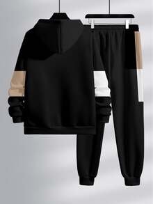 Manfinity Homme Men's Colorblock Letter Print Hoodie And Pants Casual Daily Set - Black - View 2