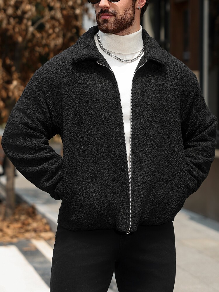 Manfinity CasualCool 男士黑色羊羔毛領寬鬆泰迪絨夾克外套 秋冬款 - 黑色 - 查看 5