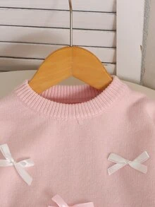 SHEIN 新生女嬰粉色針織套裝，毛衣開襟衫與套頭上衣，蝴蝶結裝飾，寬腿鬆身長褲套裝，適合秋冬，可愛舒適時尚 - 粉色 - 查看 3