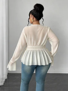 Maweii Plus Size V-Neck Criss-Cross Chiffon Blouse With Flared Long Sleeves, Elastic Waist And Asymmetrical Ruffle Hem, Flattering Shirt - Beige - View 3