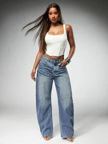 Denimoi Women's Fashion Street Button Pocket Jeans - Light Wash - View 4