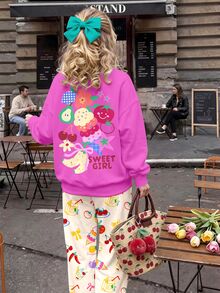Tween Girl Round Neck Cartoon Graphic Sweatshirt & Straight Leg Pants 2 Pieces Set - Multicolor - View 4