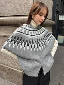FRIFUL Women's Autumn/Winter Geometric Pattern Zipper Front Hooded Knit Vest - Grey - View 3