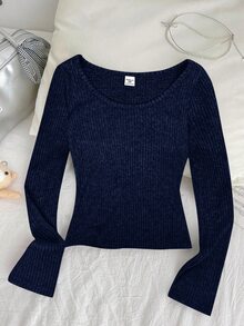 SHEIN 青少年女孩羅紋圓領彈性修身百搭長袖T恤，卡其色秋季休閒校園冬季套頭上衣，舒適日常穿著街頭風 - 藍色 - 查看 5