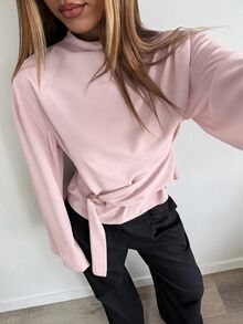Aloruh 女款純色金屬裝飾休閒日常穿著襯衫 - 粉色 - 查看 4