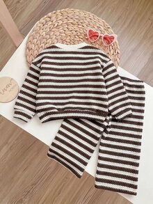 SHEIN Baby Girl 3D Flower Decor Striped Sweatshirt And Pants Casual Set - Khaki - View 2