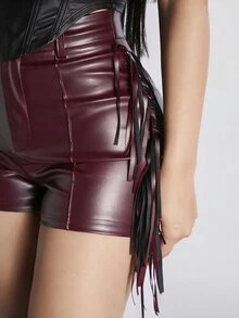 SHEIN PETITE 女款側邊流蘇設計 PU 皮革修身時尚短褲 - 酒紅色 - 查看 6