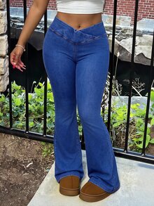 Slaydiva Celana Jeans Flare Kasual Pinggang Asimetris untuk Wanita Ukuran Plus - Dark Wash - View 3