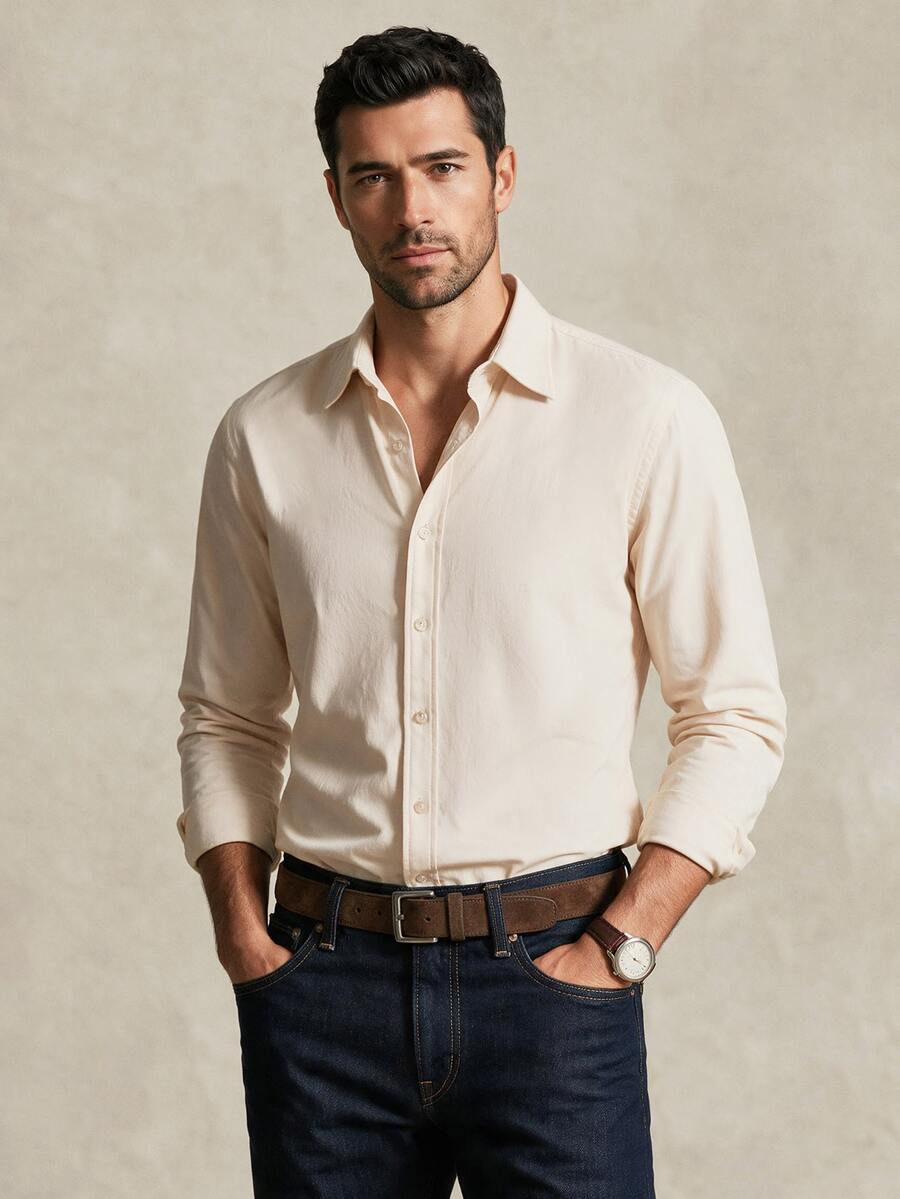 Lornavo Men's Solid Color Long Sleeve Single-Breasted Casual Shirt, Formal - Apricot - View 1